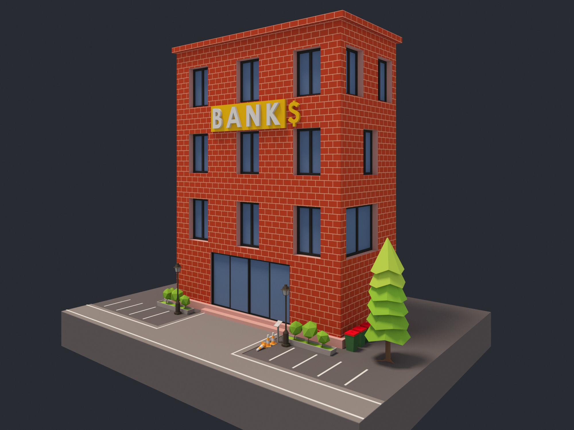 Bank Building Low-poly 3D model_7