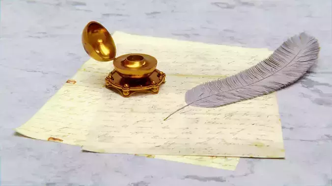 Inkwell with Feather Pen - High Quality 4K PBR