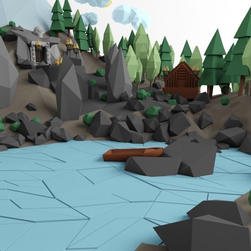Low poly lanscape mountain hill tree lake and other items Low-poly 3D model_6