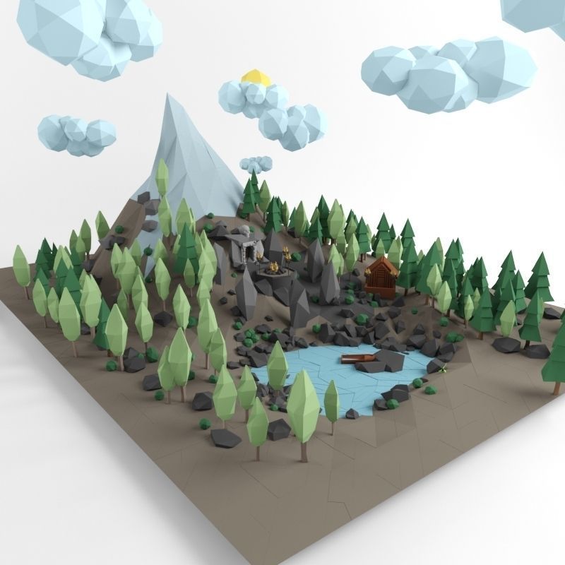 Low poly lanscape mountain hill tree lake and other items Low-poly 3D model_3