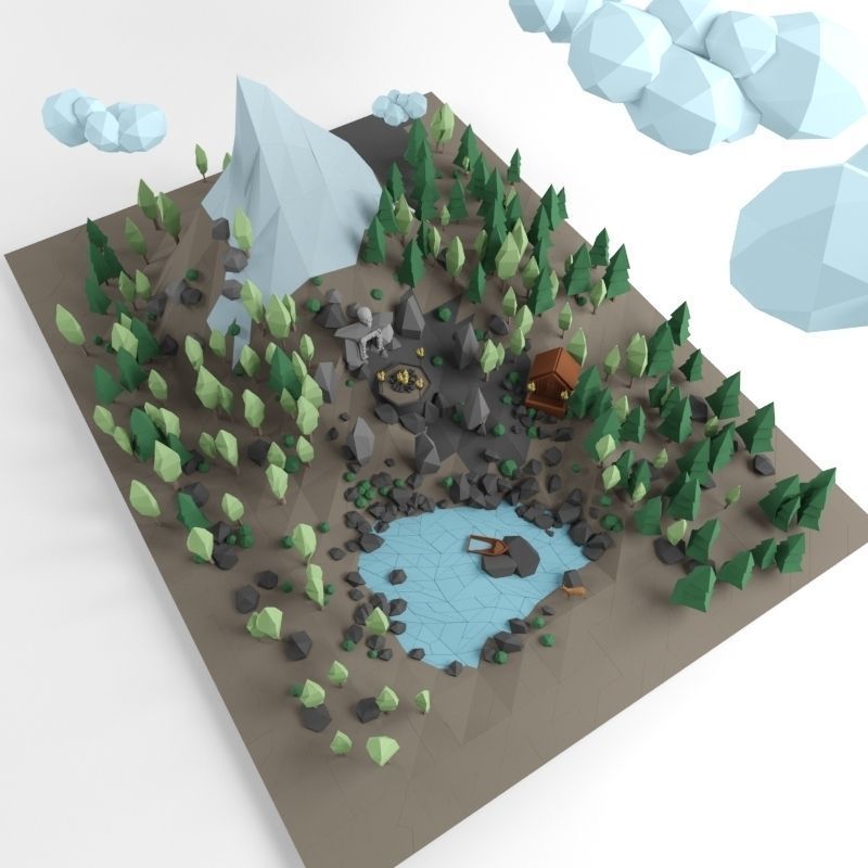 Low poly lanscape mountain hill tree lake and other items Low-poly 3D model_1