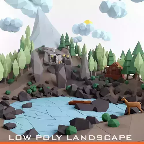 Low poly lanscape mountain hill tree lake and other items Low-poly 3D model