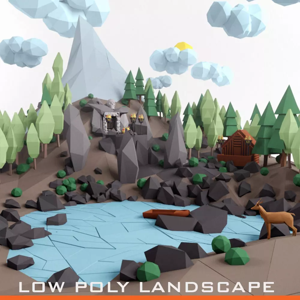 Low poly lanscape mountain hill tree lake and other items Low-poly 3D model_0