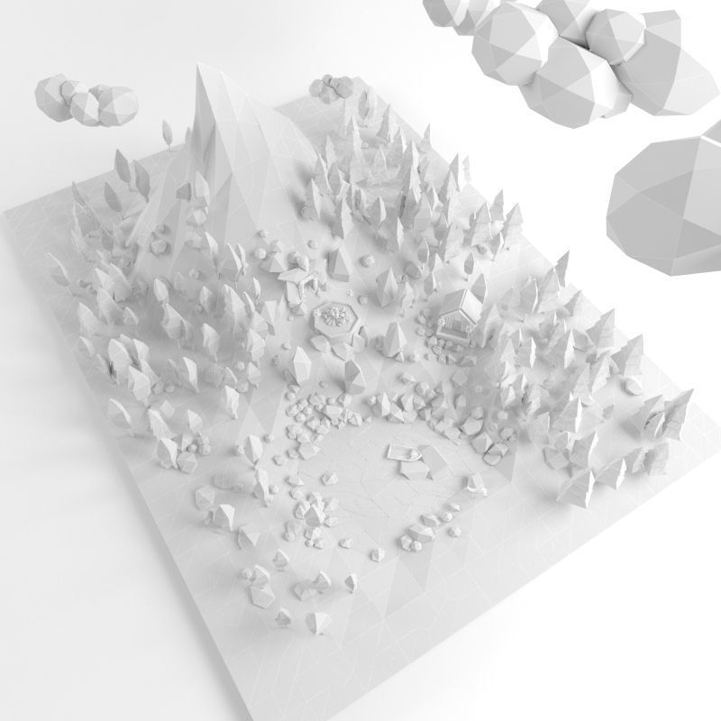 Low poly lanscape mountain hill tree lake and other items Low-poly 3D model_2
