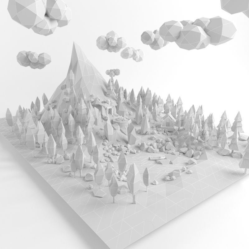 Low poly lanscape mountain hill tree lake and other items Low-poly 3D model_4