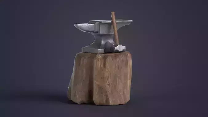 Anvil and Hammer on a Log Low-poly 3D model