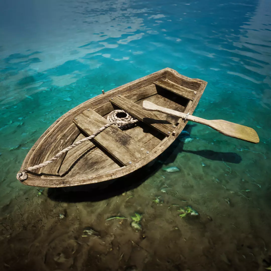 A wood boat with paddle and rope 3D model_0