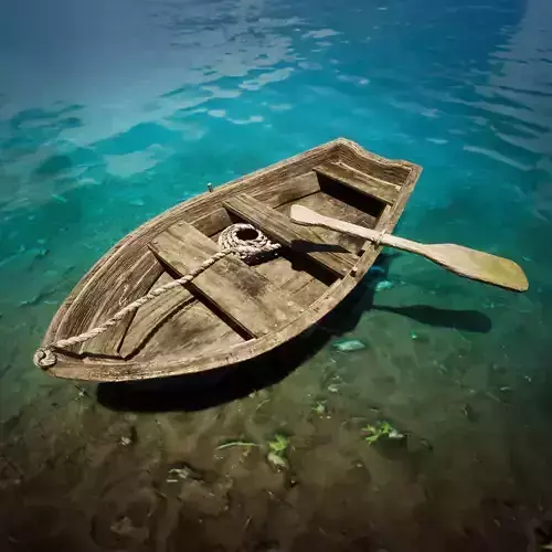 A wood boat with paddle and rope