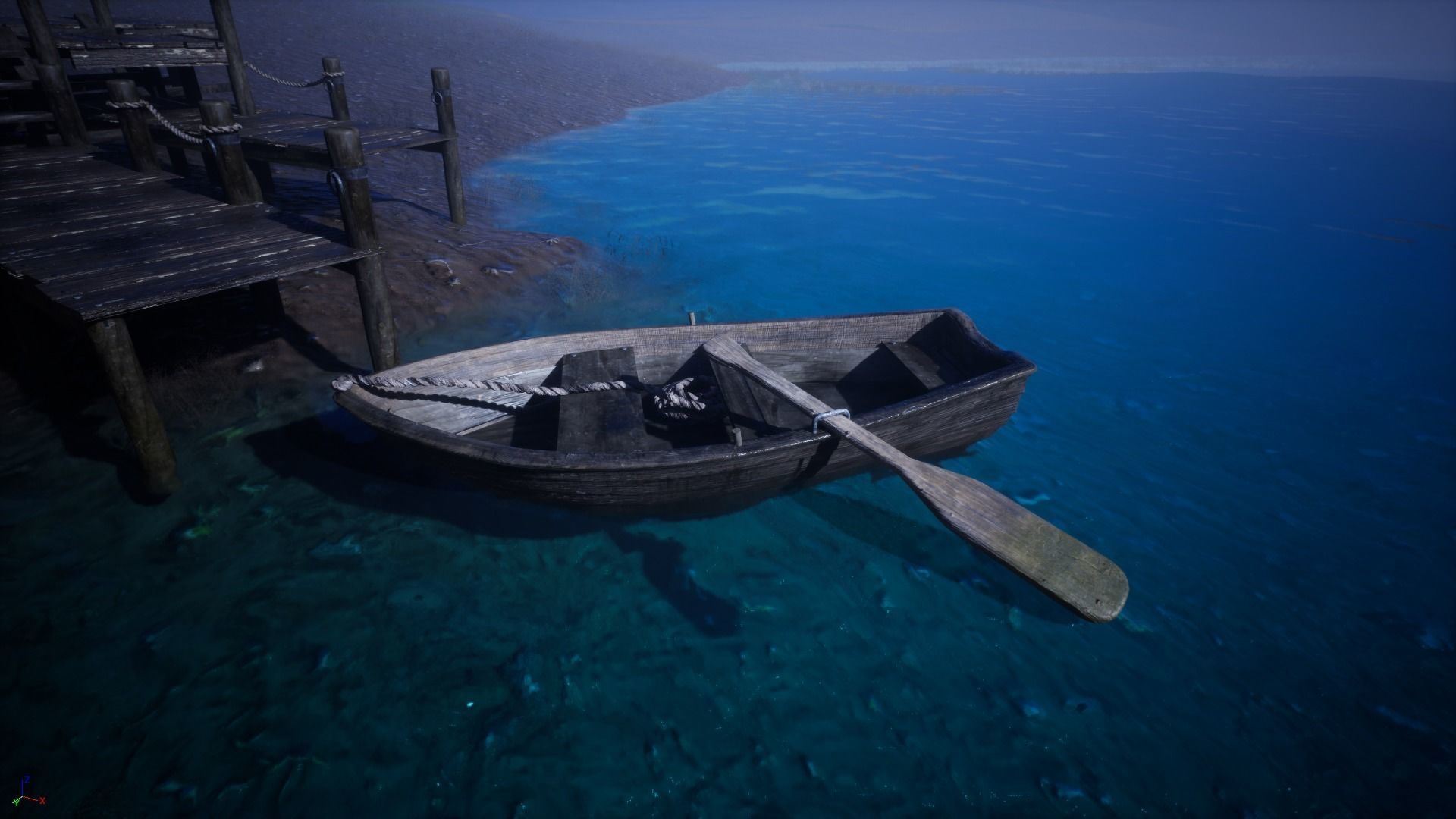 A wood boat with paddle and rope 3D model_7