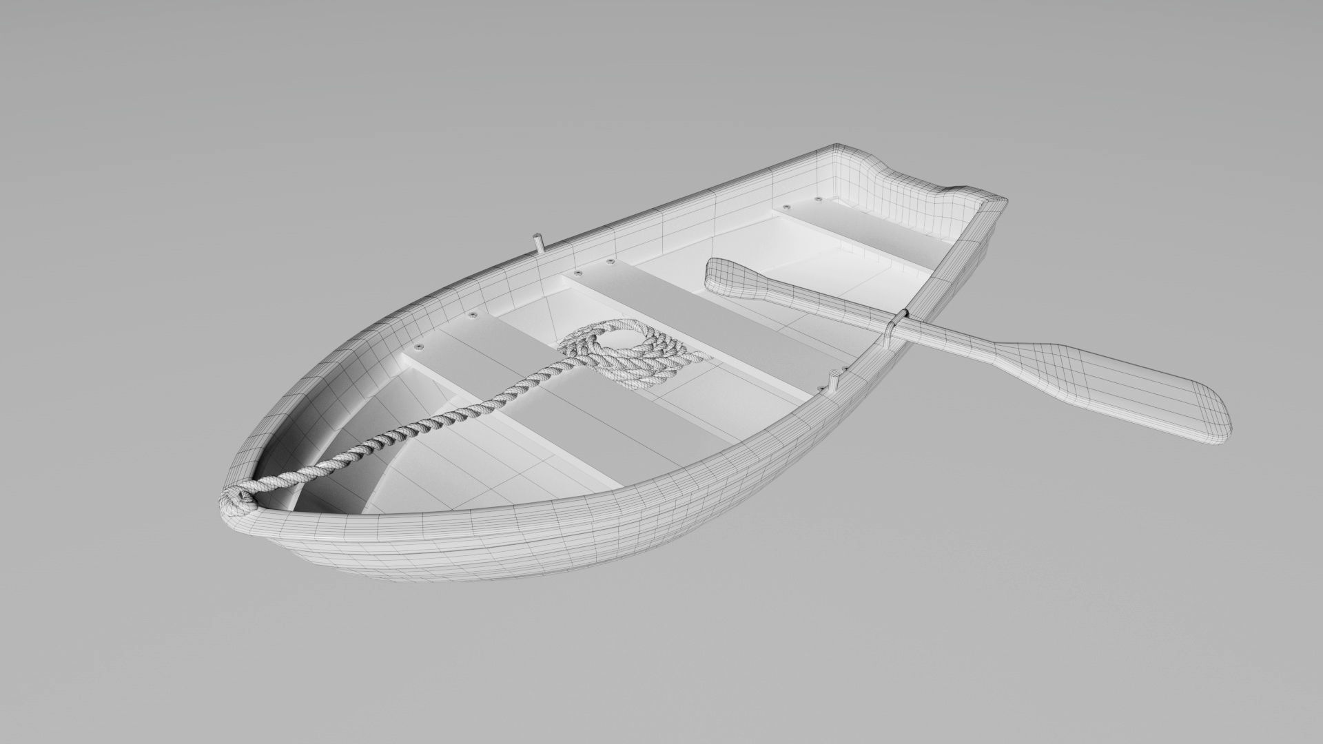 A wood boat with paddle and rope 3D model_3