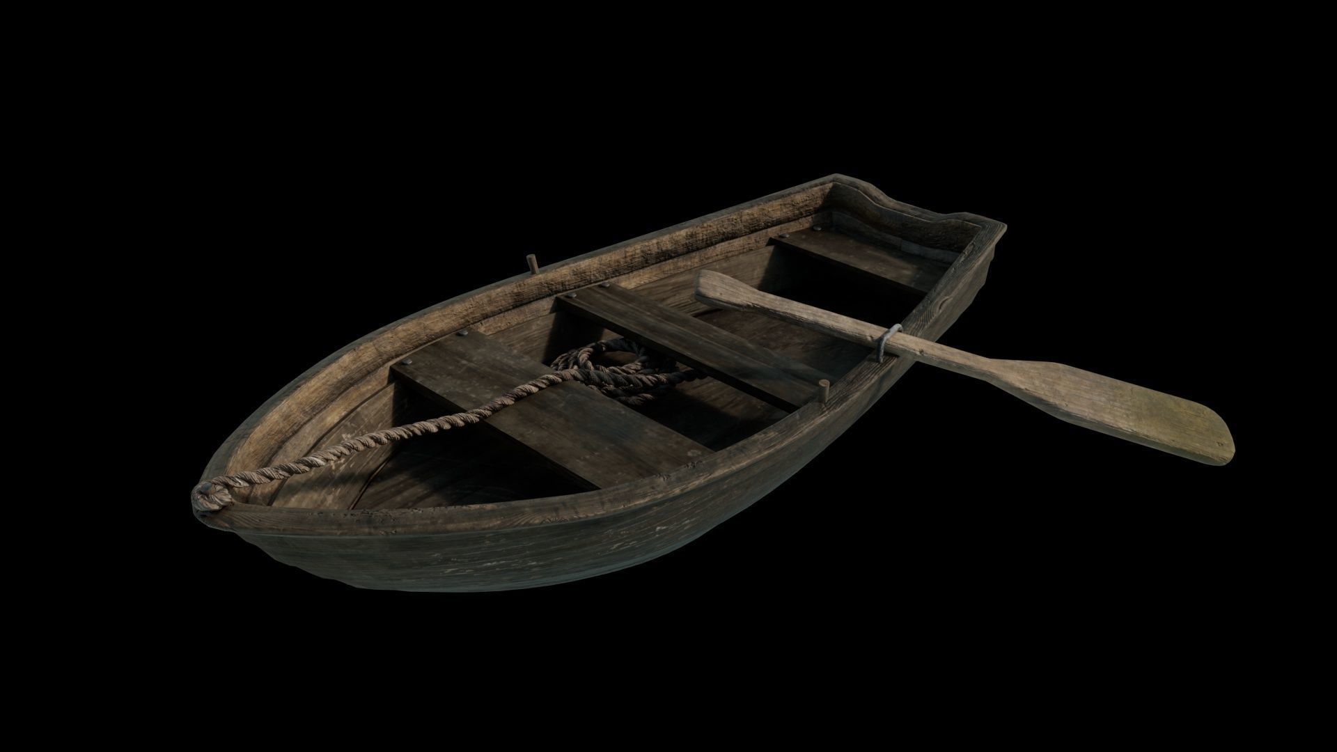 A wood boat with paddle and rope 3D model_1