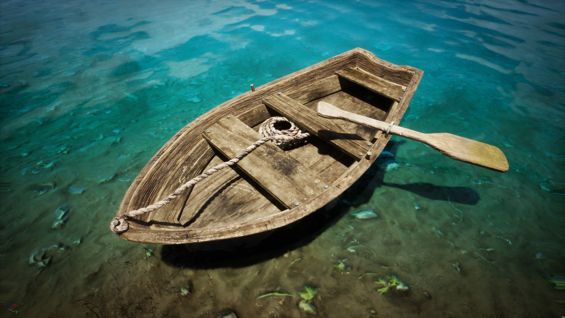 A wood boat with paddle and rope 3D model_5