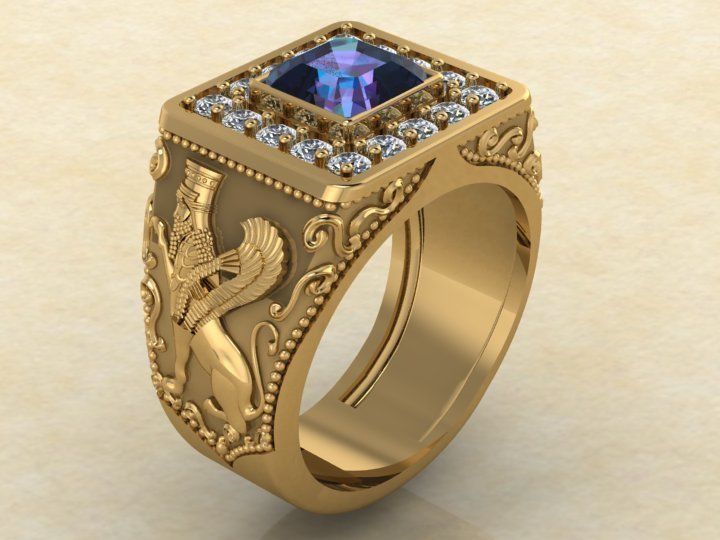 Lamassu winged lion  ring 3D print model_1