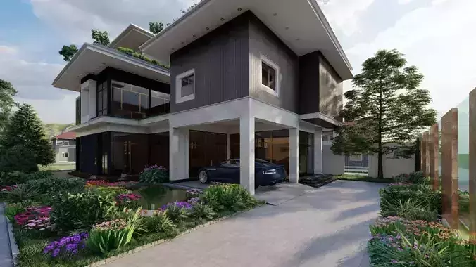 Villa model modern house with car parked