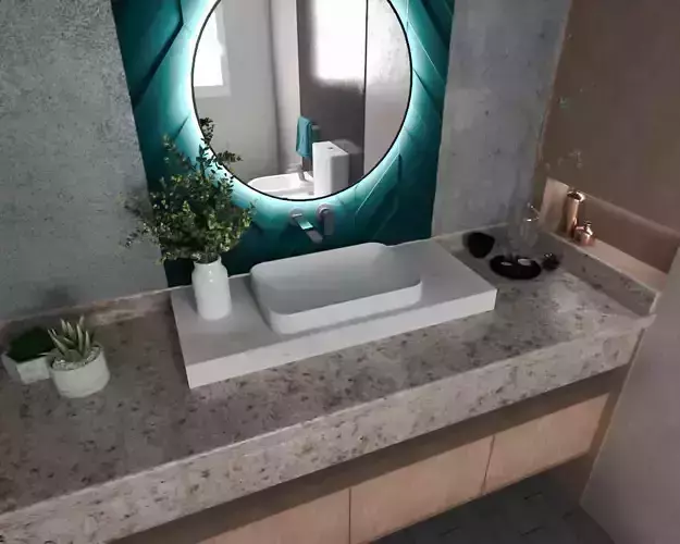 Bathroom modern with round mirror
