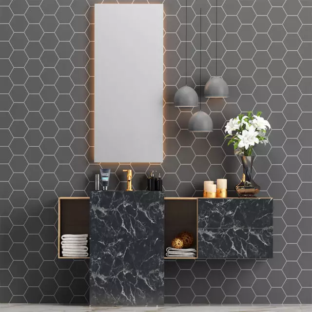 Bath 5 bathroom vanity with marble countertop and hexagonal t... 3D model_0