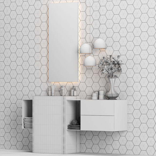 Bath 5 bathroom vanity with marble countertop and hexagonal t... 3D model_2