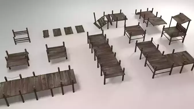 Wooden pier modular collection Low-poly 3D model