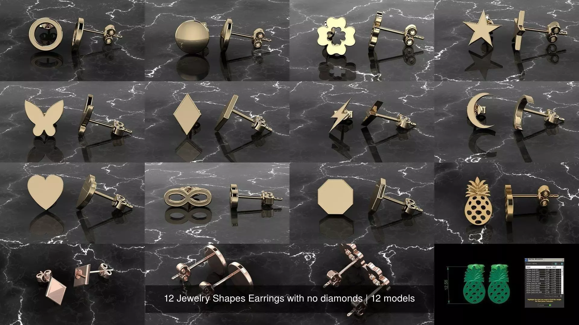 12 Jewelry Shapes Earrings with no diamonds 3D Model Collection_0