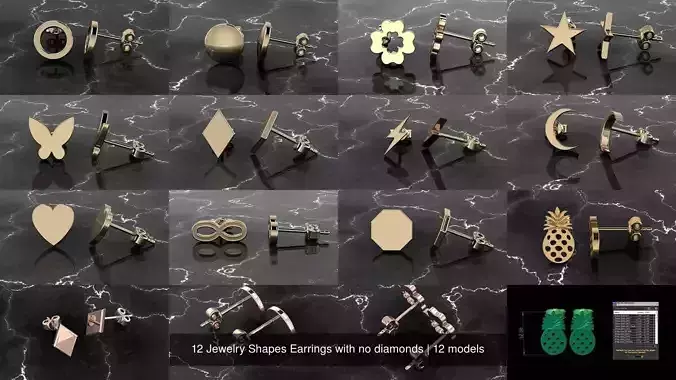 12 Jewelry Shapes Earrings with no diamonds 3D Model Collection