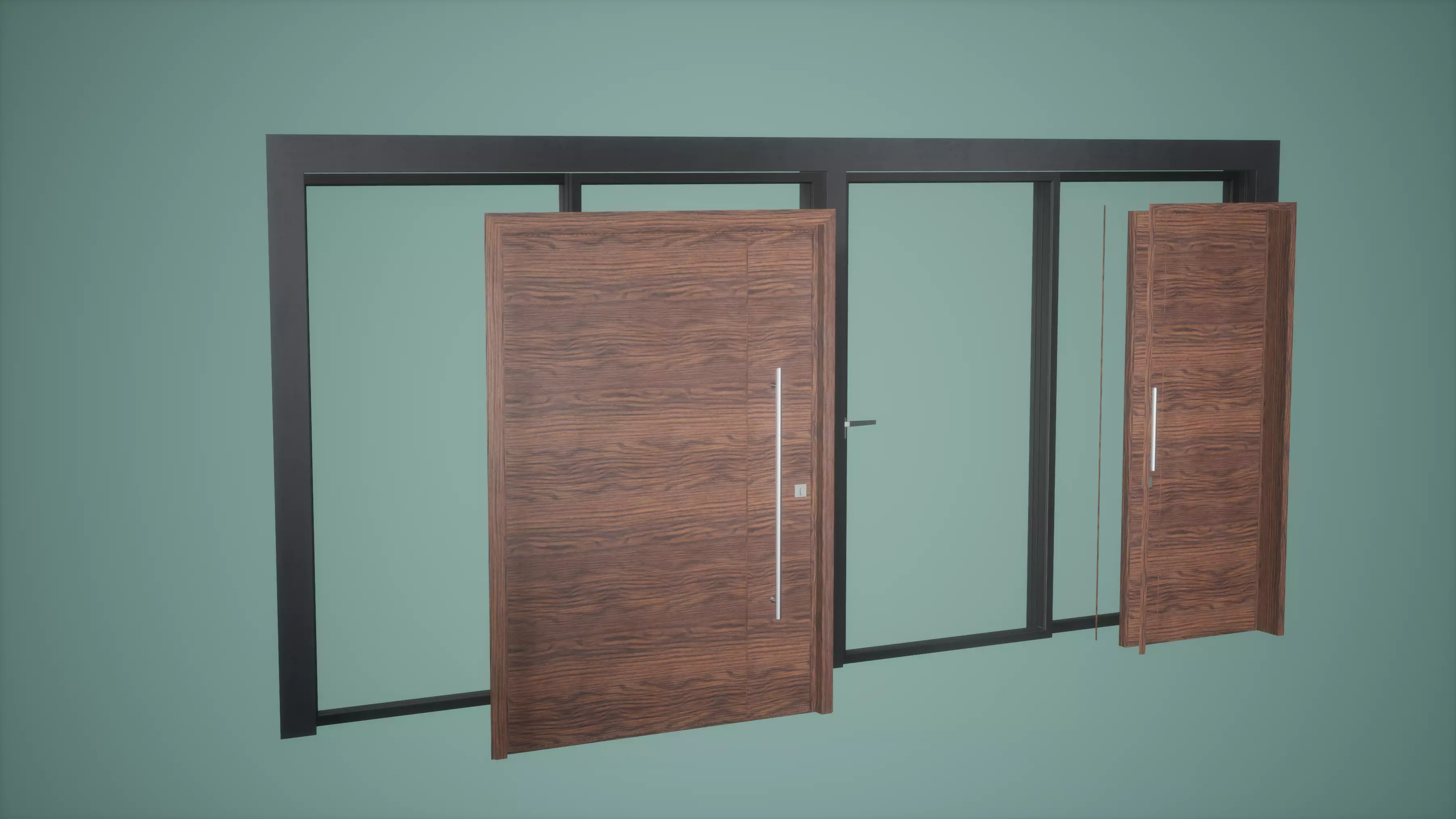 Door Set Low Poly Game Ready wooden with two glass panels Low-poly 3D model_0