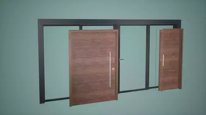 Door Set Low Poly Game Ready wooden with two glass panels