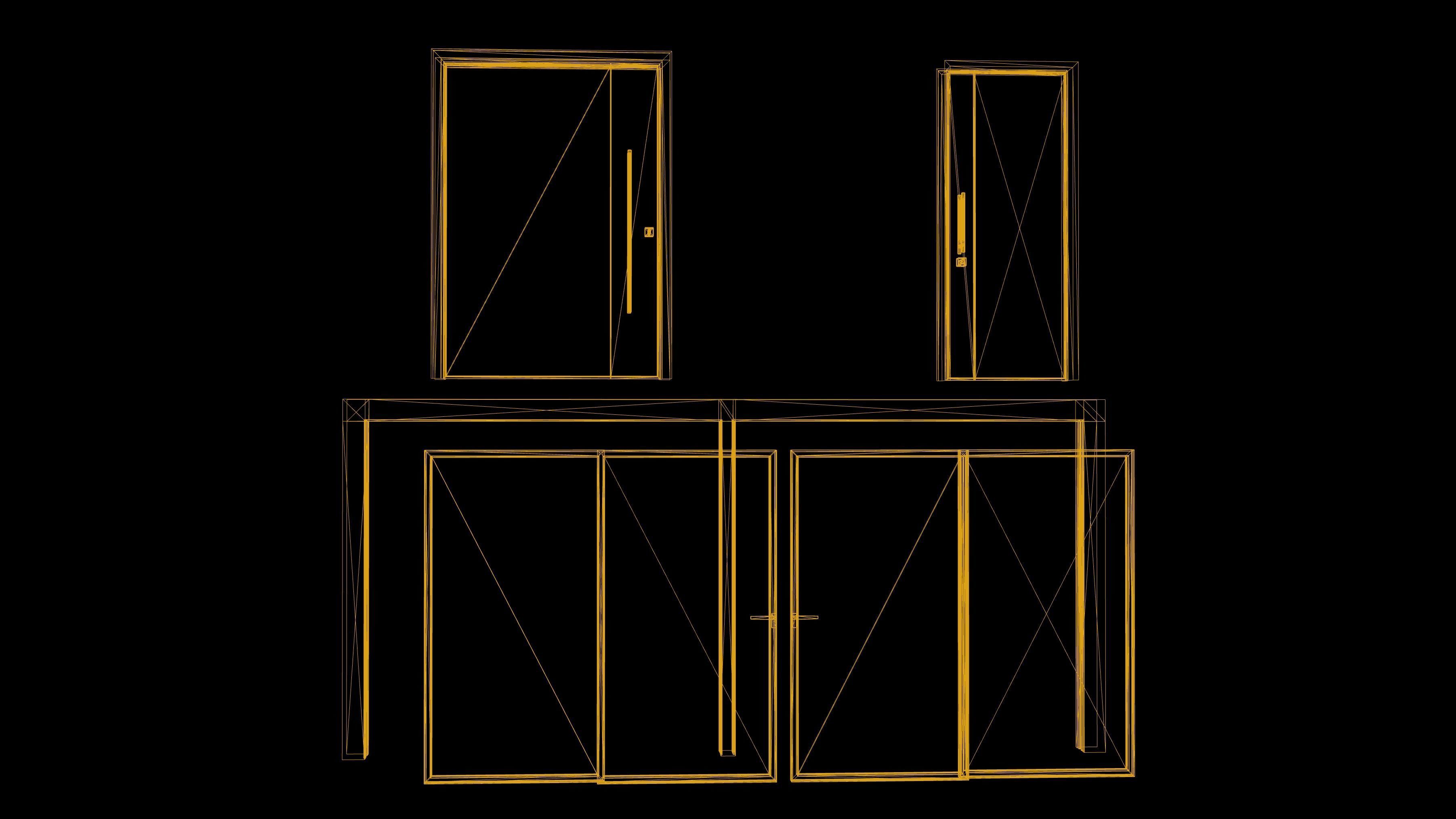 Door Set Low Poly Game Ready wooden with two glass panels Low-poly 3D model_3