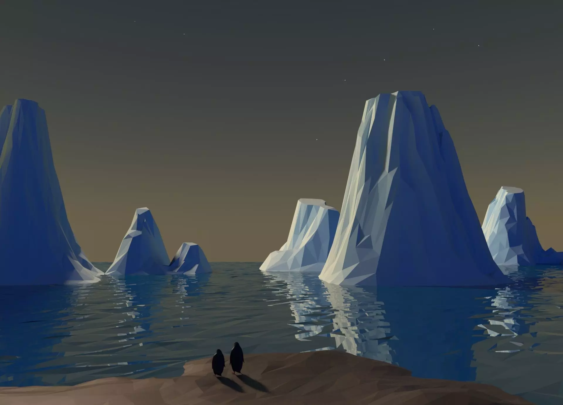 low poly glaciers icebergs and penguins in water 3D model