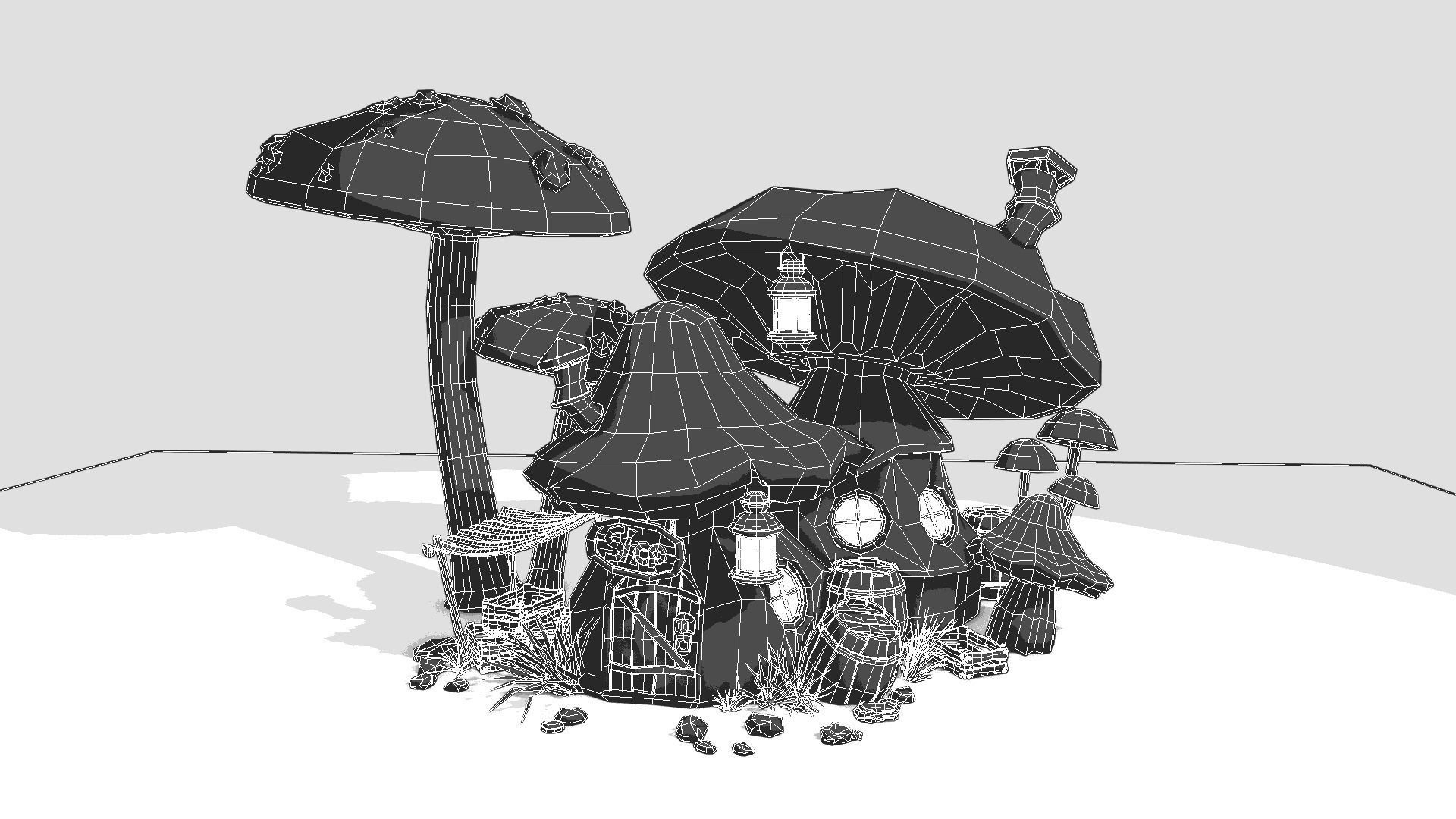Mushroom house subdivision and  Low-poly 3D model_10