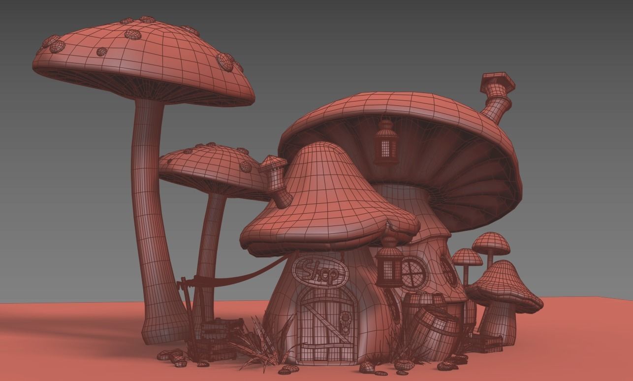 Mushroom house subdivision and  Low-poly 3D model_8