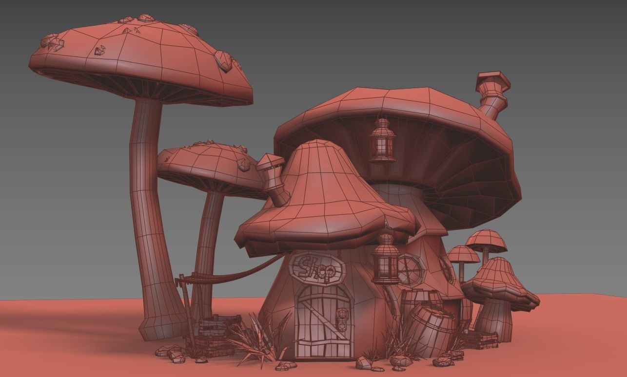 Mushroom house subdivision and  Low-poly 3D model_7