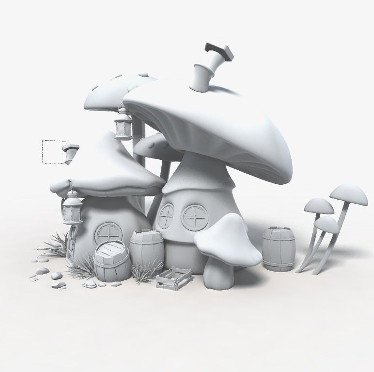 Mushroom house subdivision and  Low-poly 3D model_17