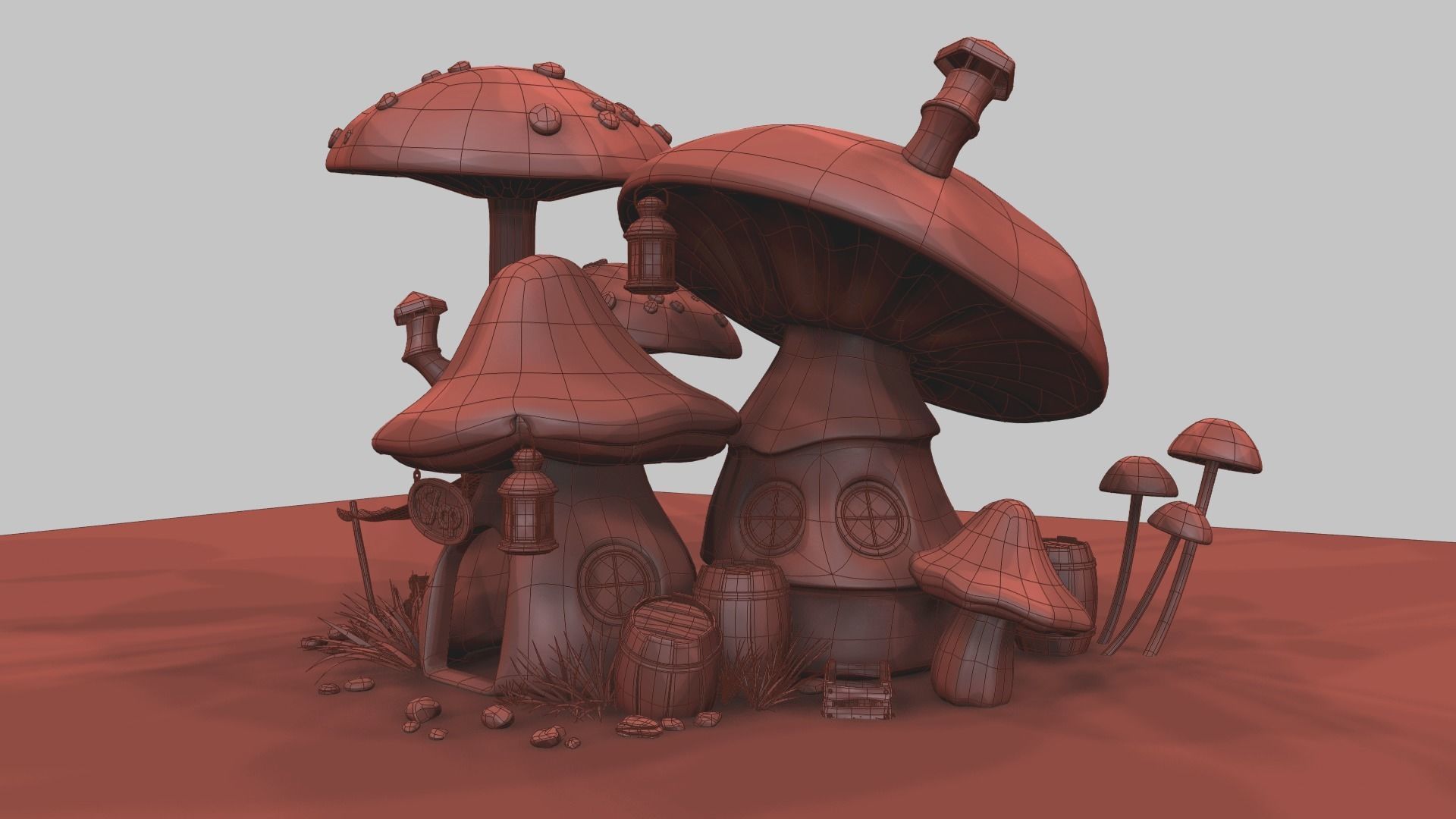 Mushroom house subdivision and  Low-poly 3D model_24