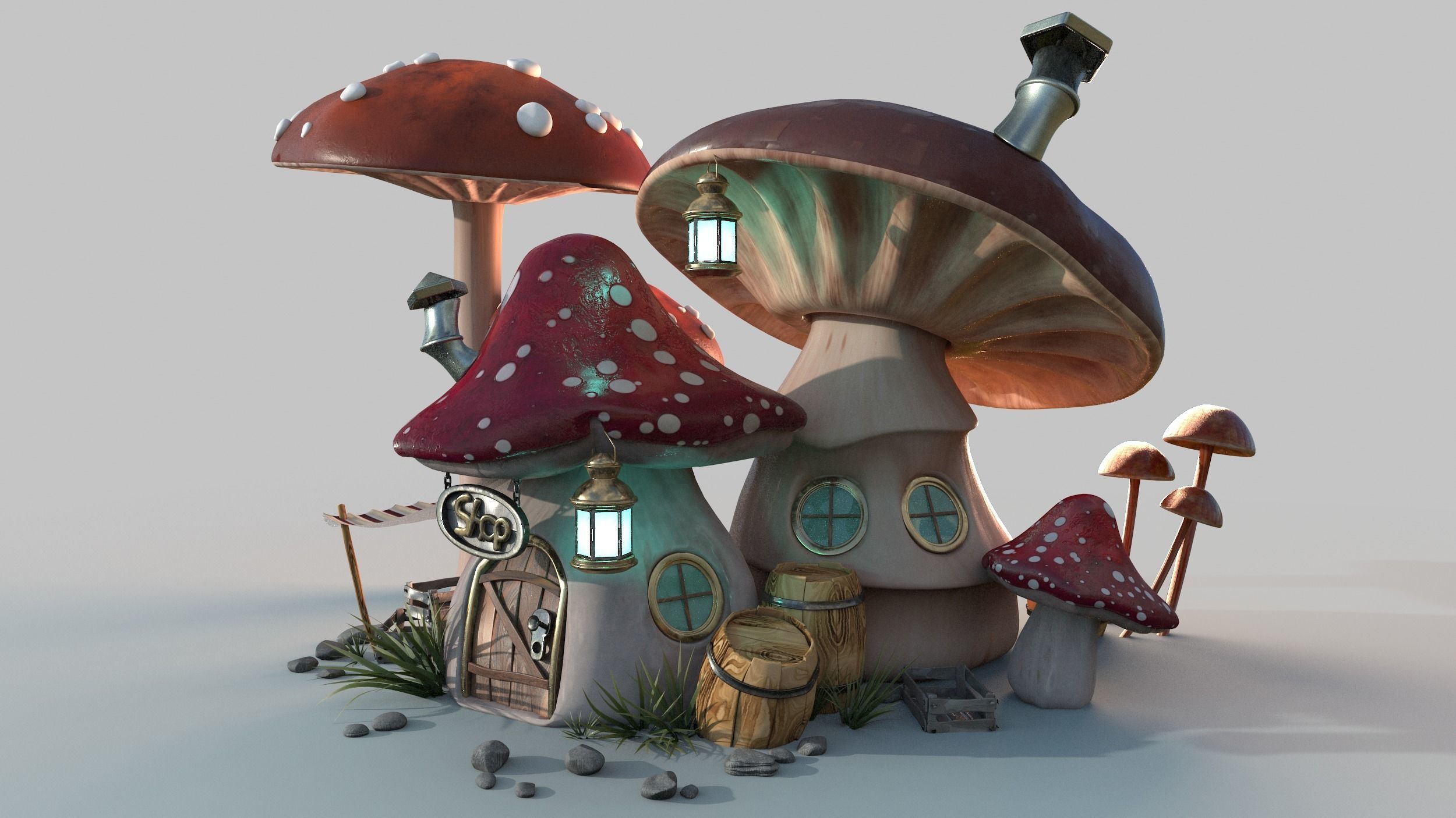 Mushroom house subdivision and  Low-poly 3D model_2