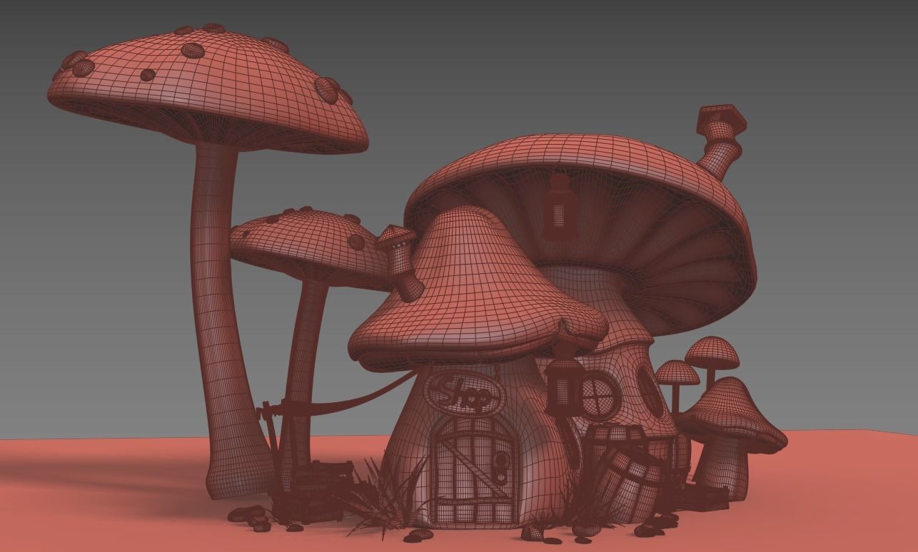 Mushroom house subdivision and  Low-poly 3D model_9
