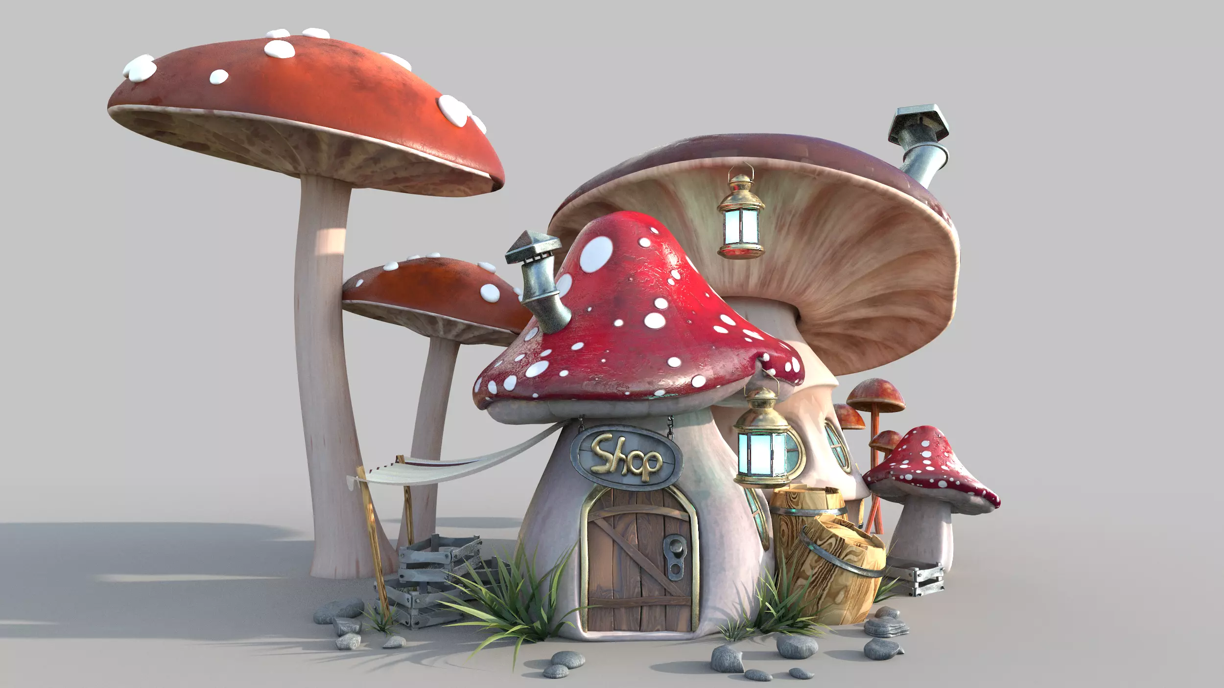 Mushroom house subdivision and  Low-poly 3D model_0