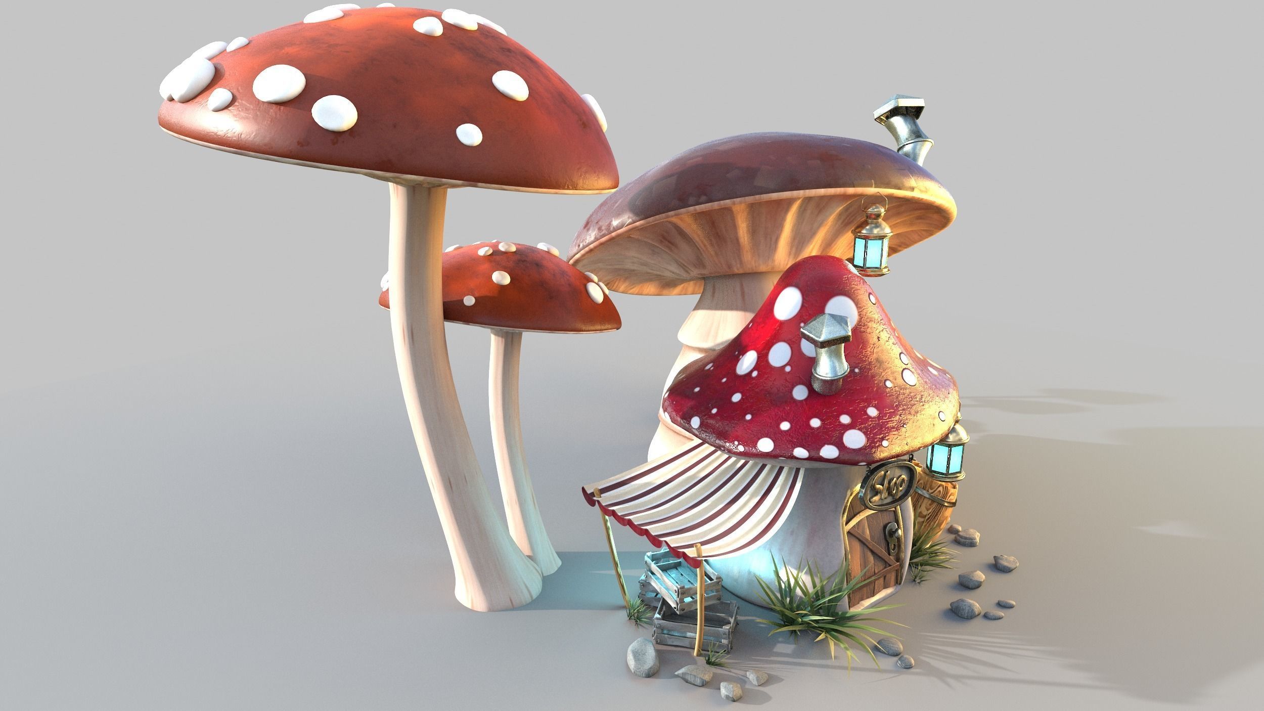 Mushroom house subdivision and  Low-poly 3D model_3