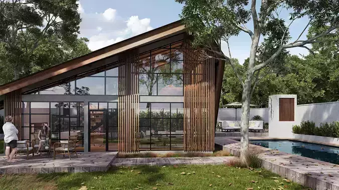 Glasshouse modern house with swimming pool 3D model