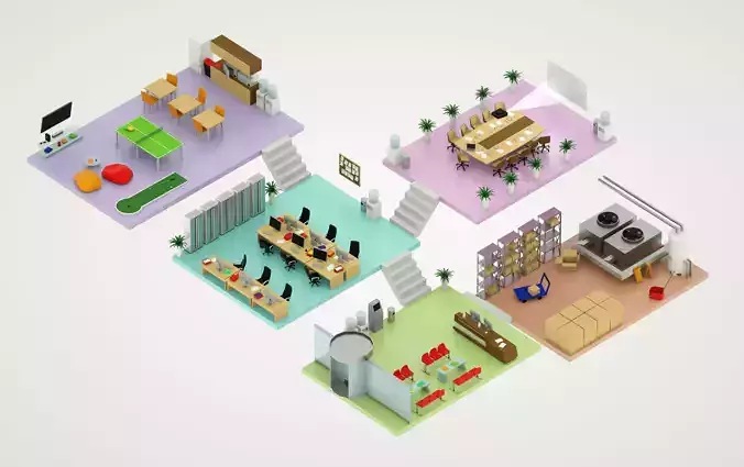 Isometric Modern Office interior Floors plan low-poly