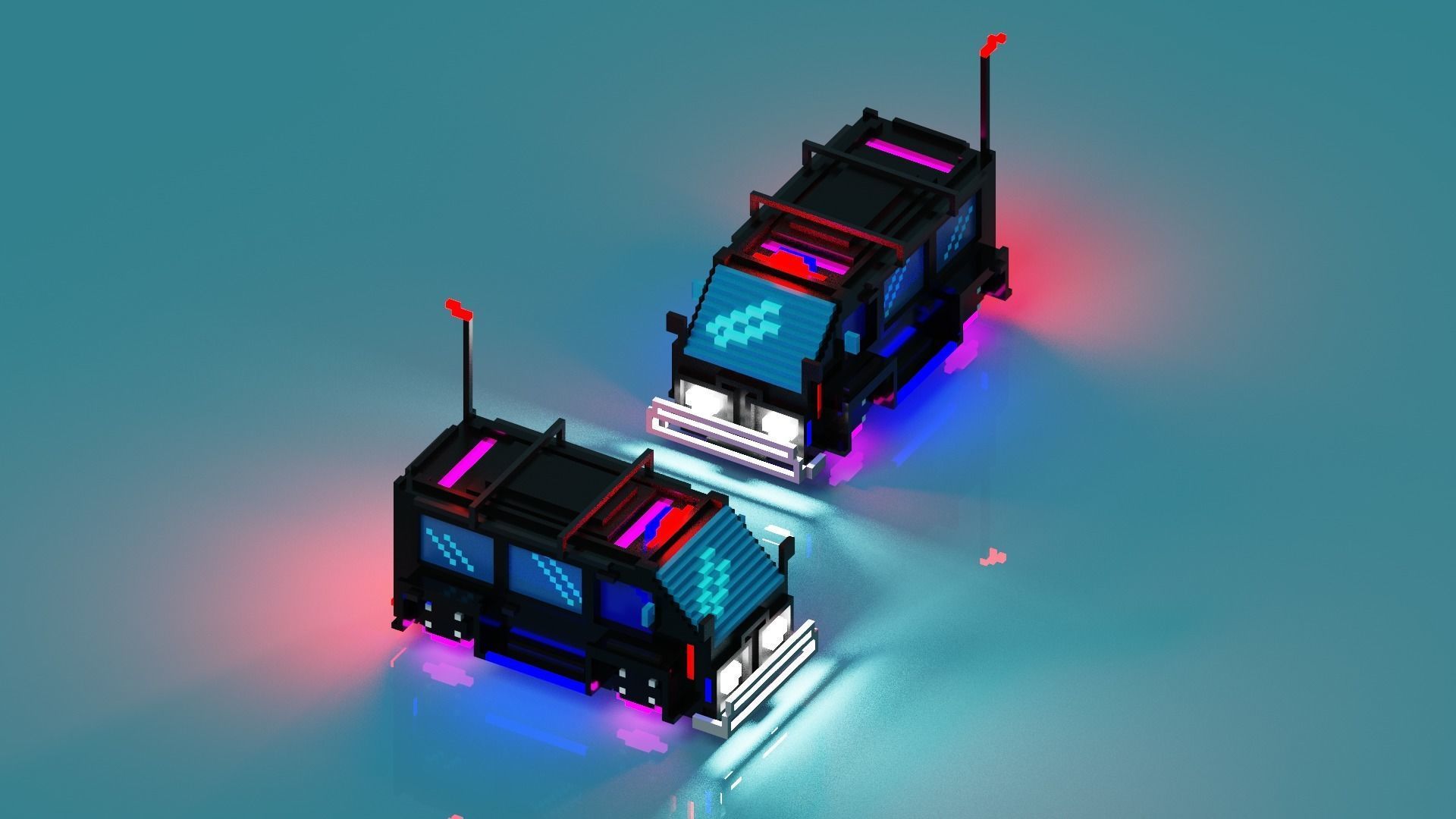 Cyberpunk voxel Hovering police Van 3D model_1