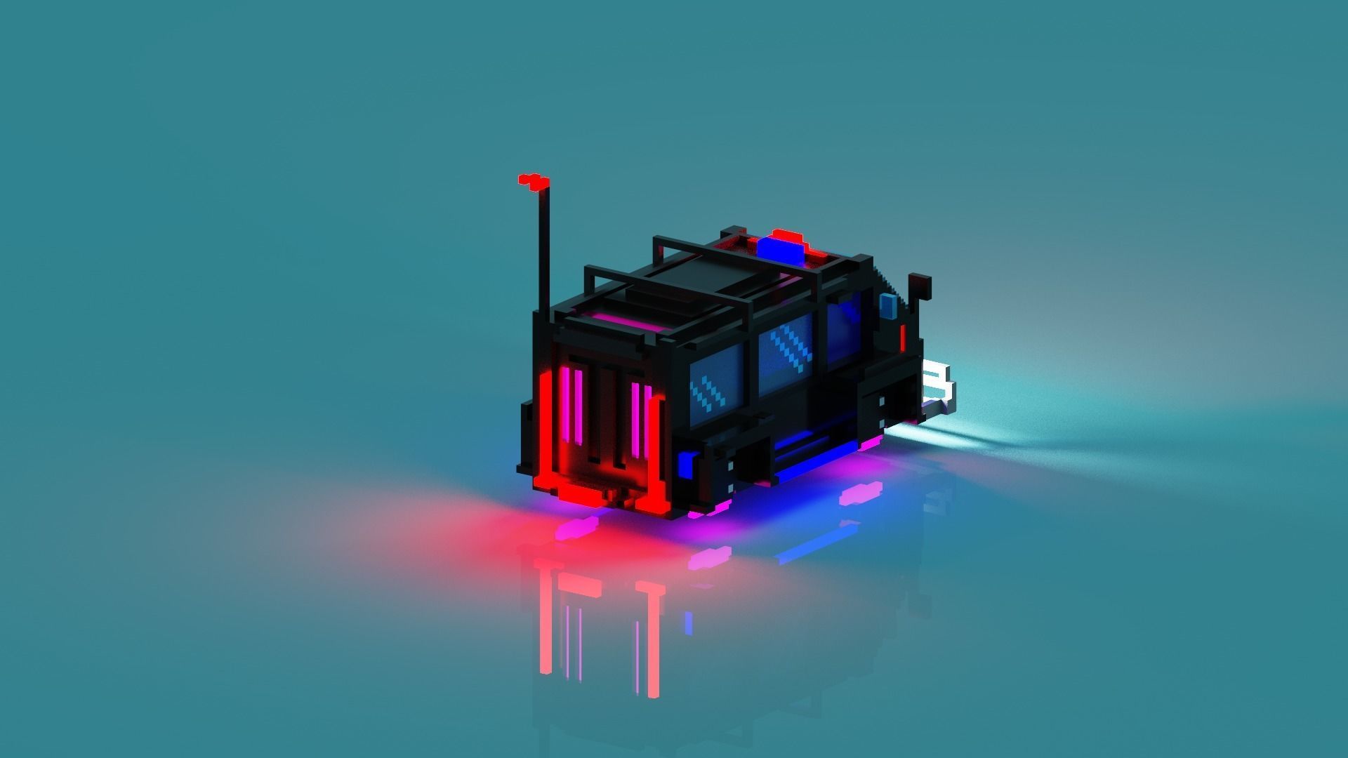 Cyberpunk voxel Hovering police Van 3D model_4
