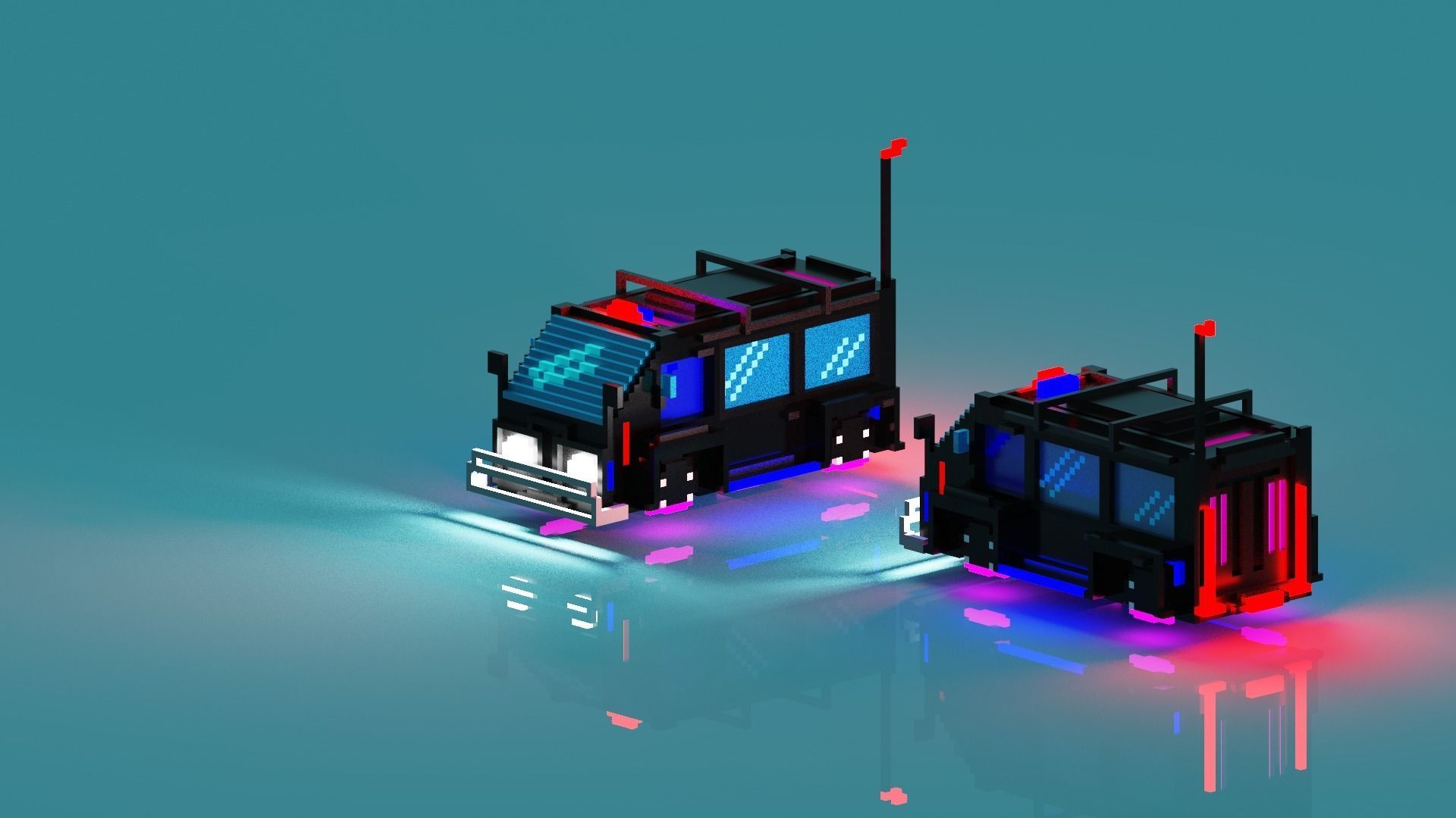 Cyberpunk voxel Hovering police Van 3D model_2
