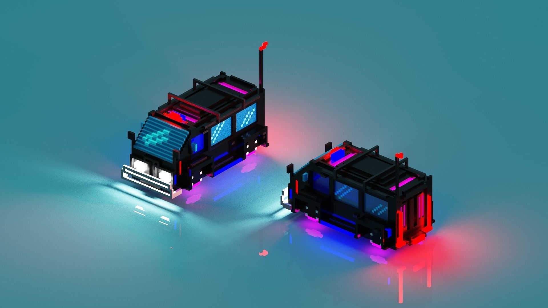 Cyberpunk voxel Hovering police Van 3D model_3