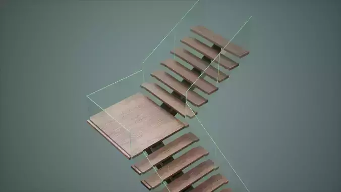Stair Low Poly Game Ready wooden staircase with glass railing