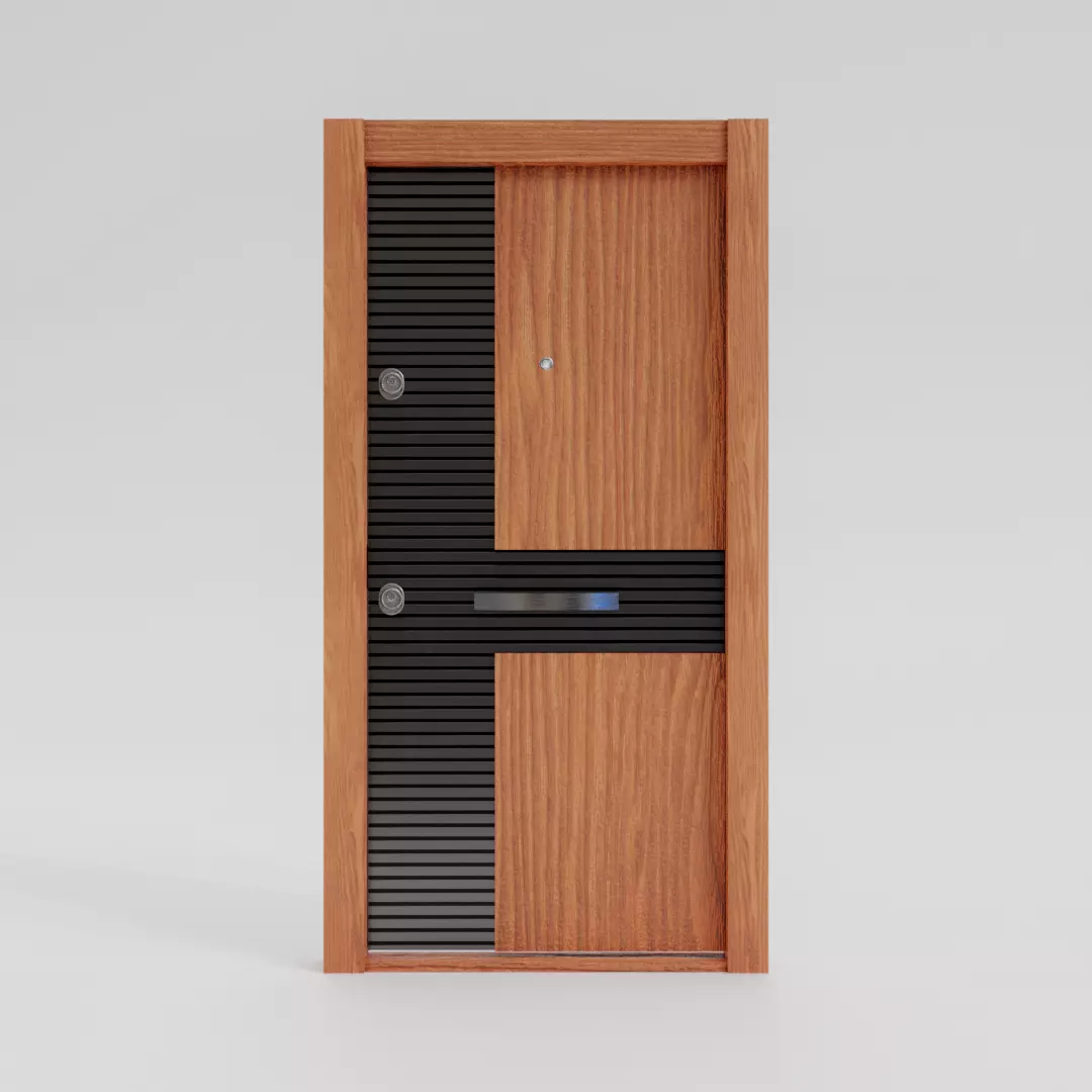 Modern Entrance Metal Wooden Door Low-poly 3D model_0