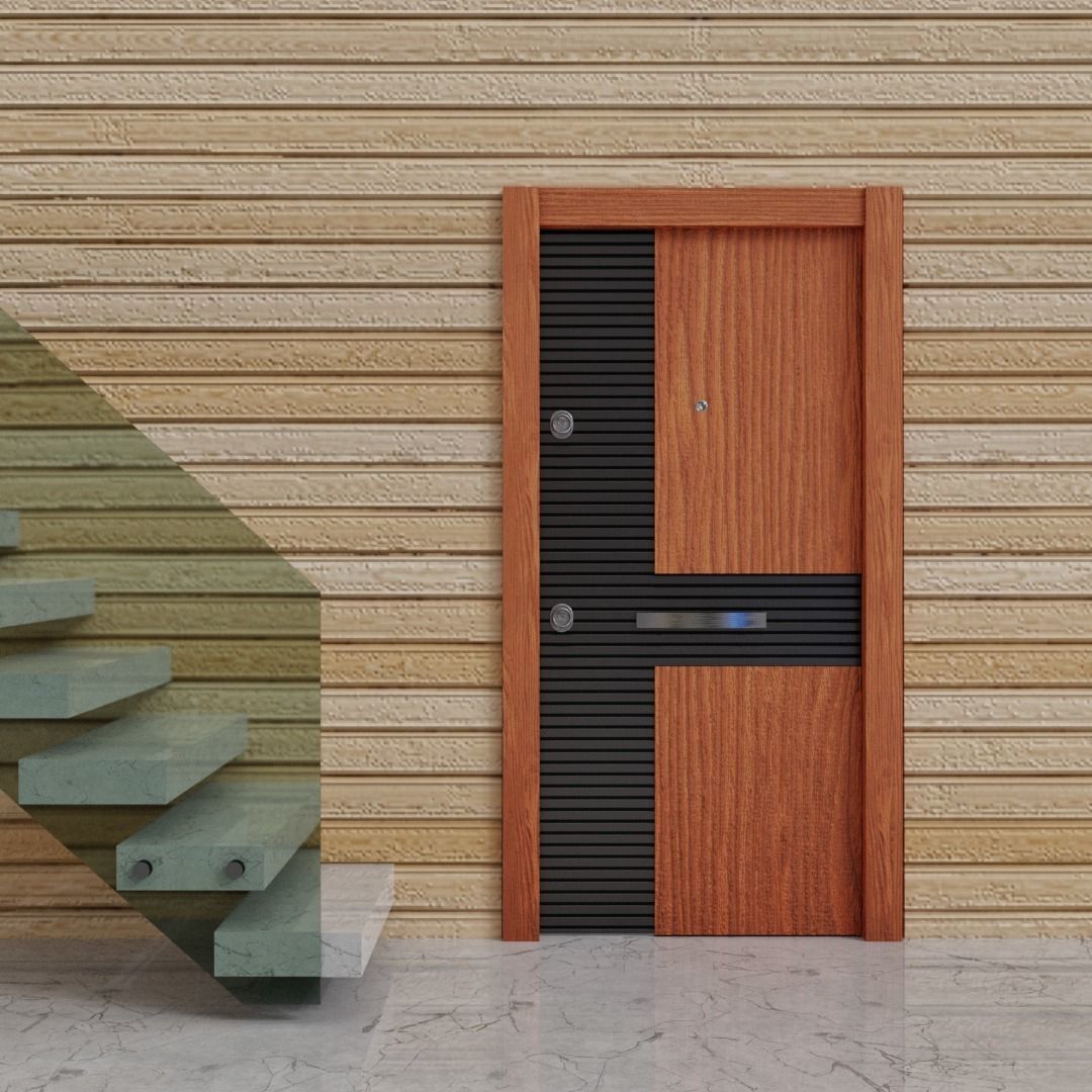 Modern Entrance Metal Wooden Door Low-poly 3D model_1