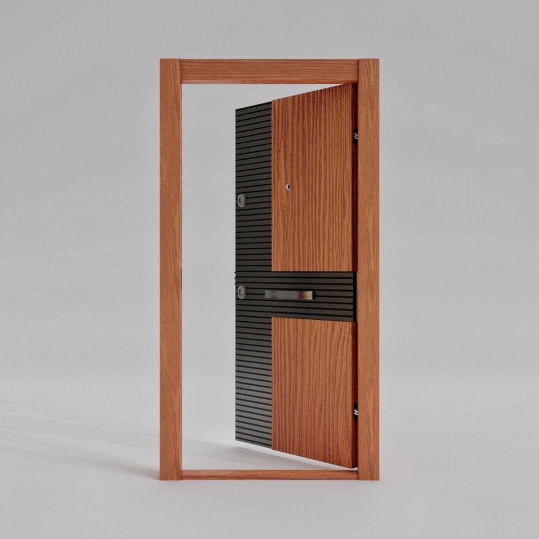 Modern Entrance Metal Wooden Door Low-poly 3D model_3