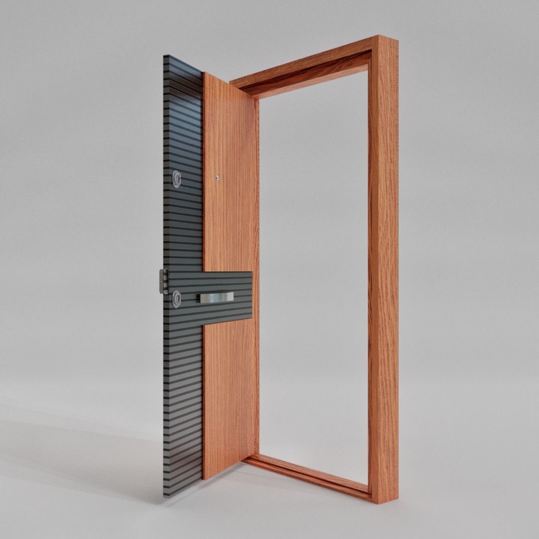 Modern Entrance Metal Wooden Door Low-poly 3D model_5