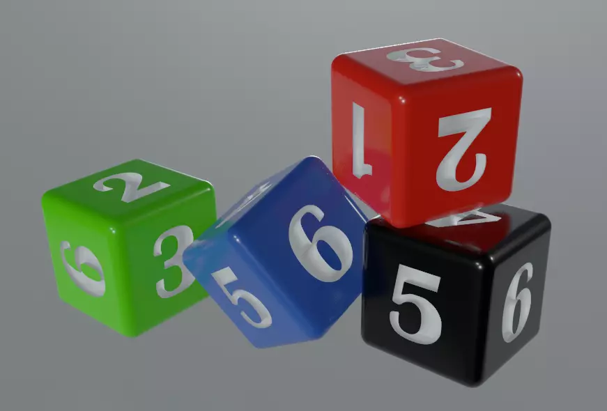 Dice in four colour Low-poly 3D model_0
