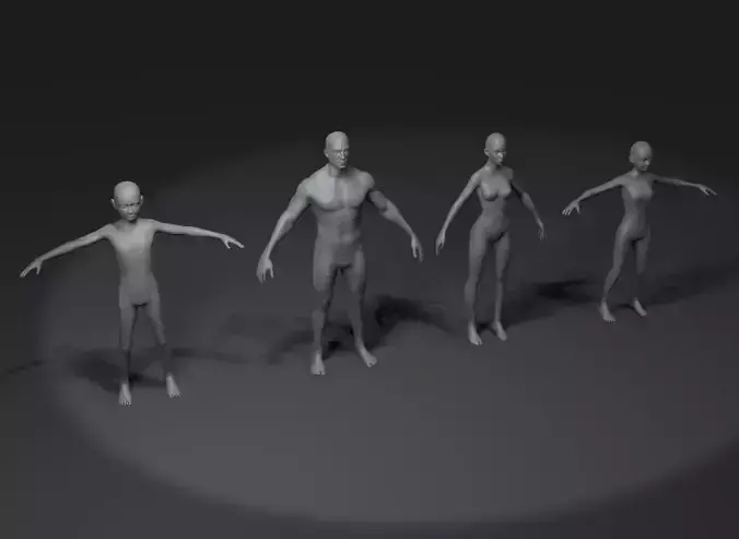 Human Body Base Mesh 3D Model Family Pack 20k Polygons Low-poly 3D model